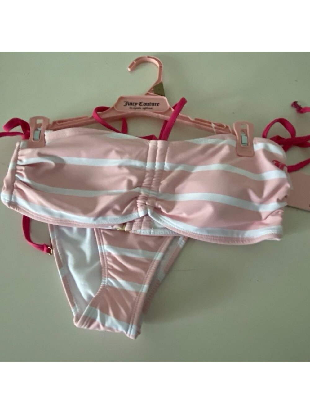 Juicy Couture Ruched Front Bikini‎ Set W/Logo Charms Pink Striped Size L NEW